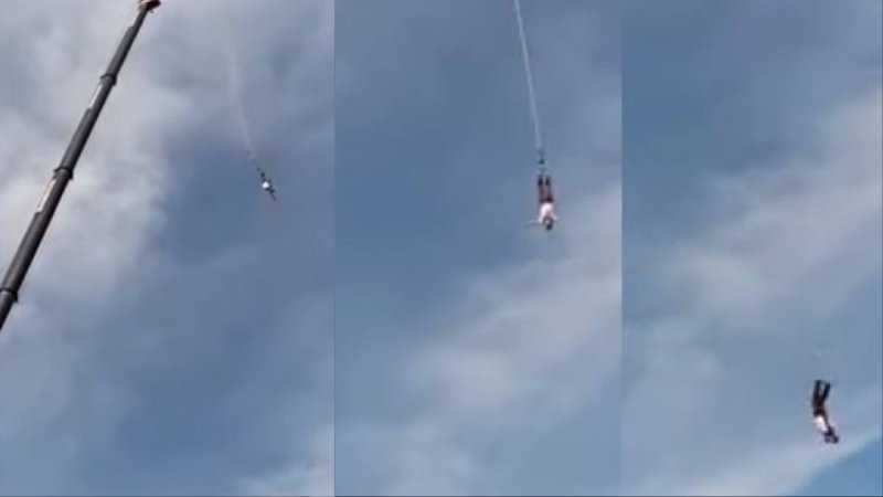 VIDEO: Hombre salta de bungee y se rompe la cuerda. 