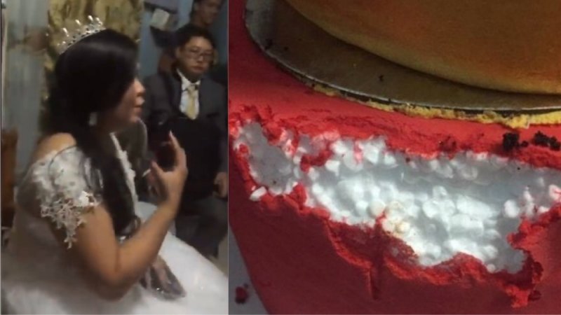 Novios estafados el día de su boda, les hicieron un pastel de uno el y los dejaron sin comiday