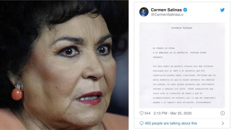 Obligan a Carmen Salinas a enviar disculpa a China por sus ofensas al pueblo chino