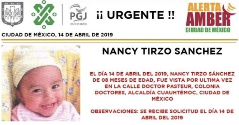 #AlertaAmber Ayuda para localizar a Nancy, la bebé robada en la Cuauhtémoc.