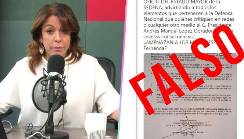 Difunde Fernanda Familiar Fake News sobre Ejército y críticas a AMLO.