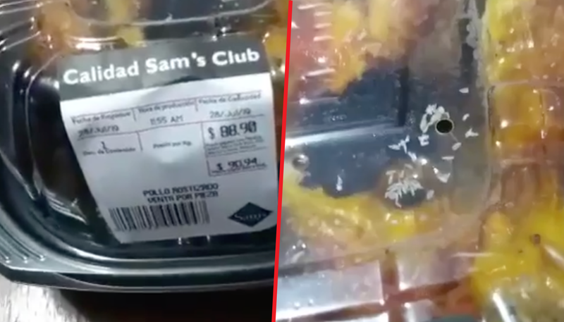 VIDEO) Usuarios exhiben pollos rostizados con gusanos en el Sam´s Club.