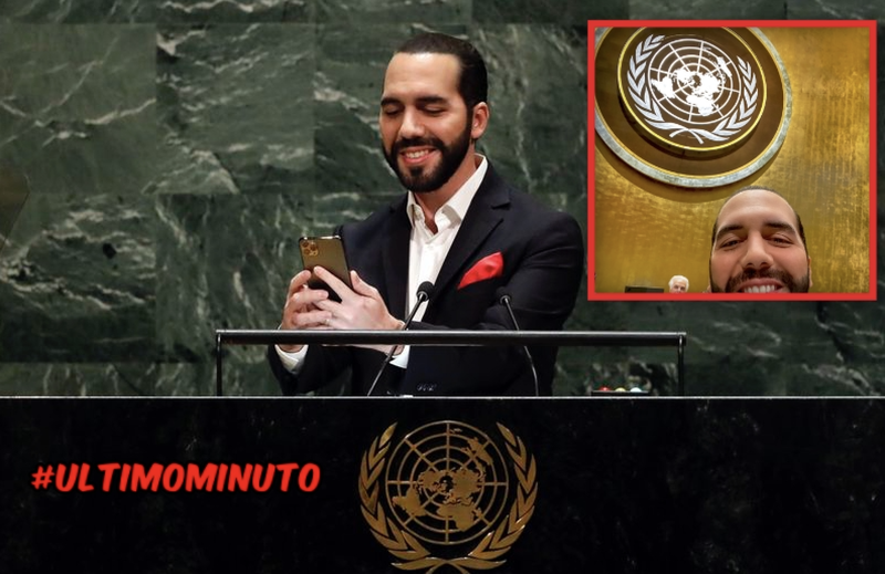 Presidente de El Salvador Bukele se toma selfie en el estrado al iniciar discurso en la ONU. 
