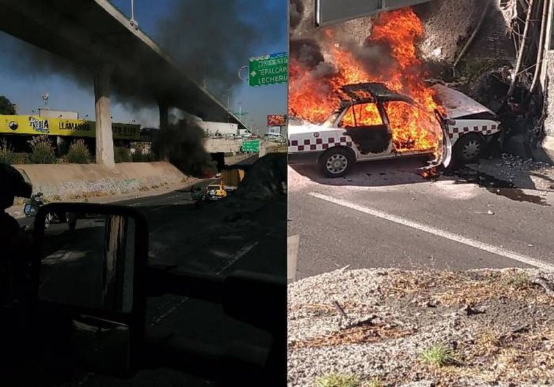 Taxista se incendia y  explota al estrellarse en la México - Querétaro