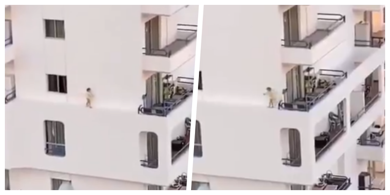 #Video Niña provoca conmoción al caminar en cornisa de un quinto piso