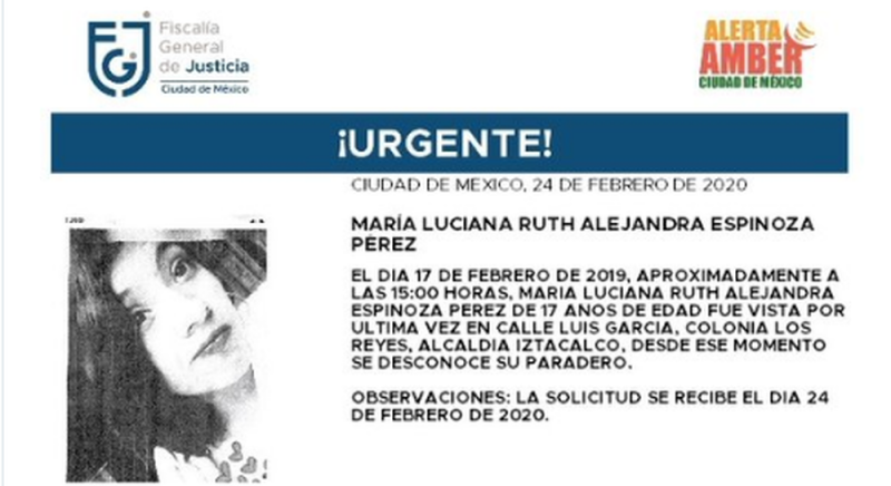 Activan Alerta Amber por la desaparición de la joven de 17 años, María Luciana Ruth Alejandra