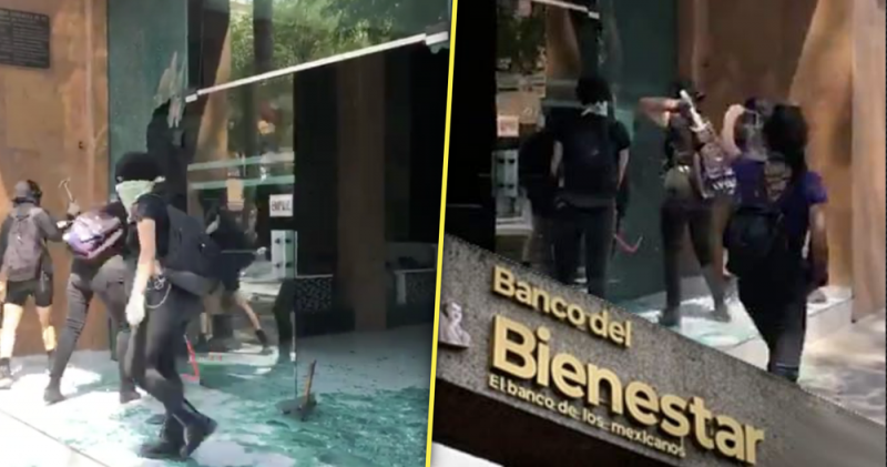 Mientras encapuchadas destrozan Banco del Bienestar, otras gritan: 