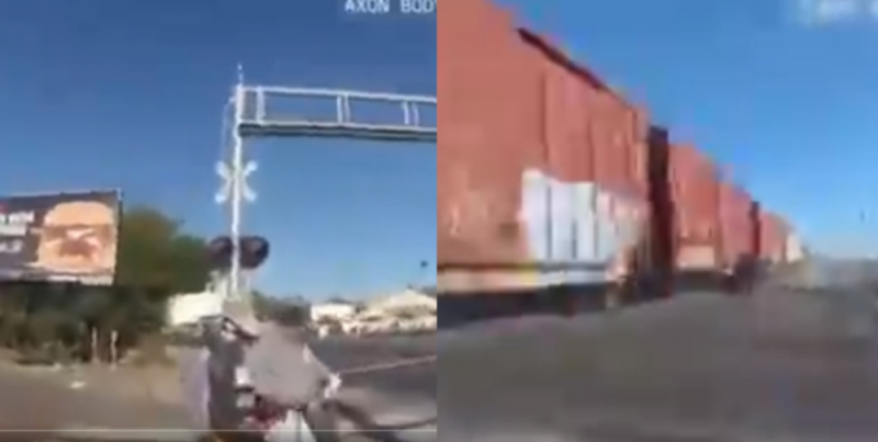 Silla de ruedas de ABUELITO se atasca en vías del tren y mujer POLICÍA lo salva (VIDEO)