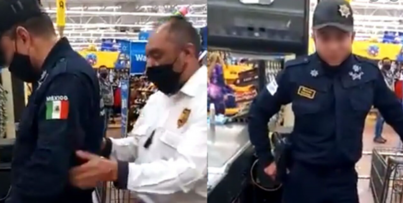 “¡Qué pasó COMANDO!” Exhiben a policía del EDOMEX por robar pegamento y estopa de un Walmart