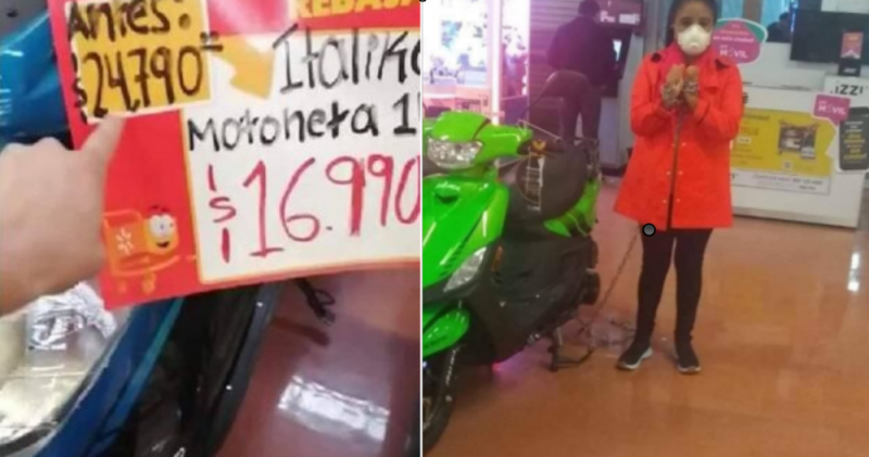 Mujer se encadena a moto Italika para que Walmart se la venda en 14 pesos