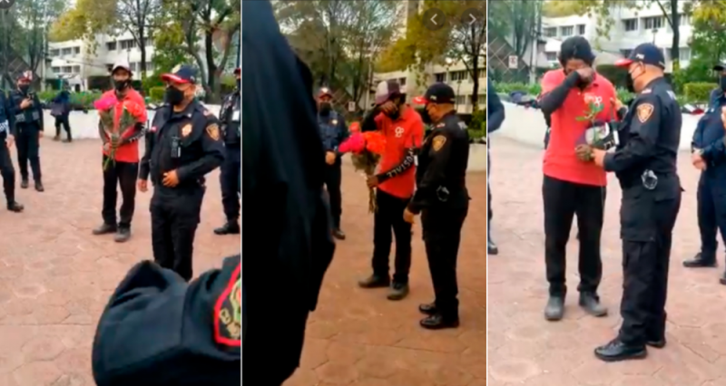 Sujeto regala flores a policías de la CDMX en agradecimiento por encontrar a su hija desaparecida
