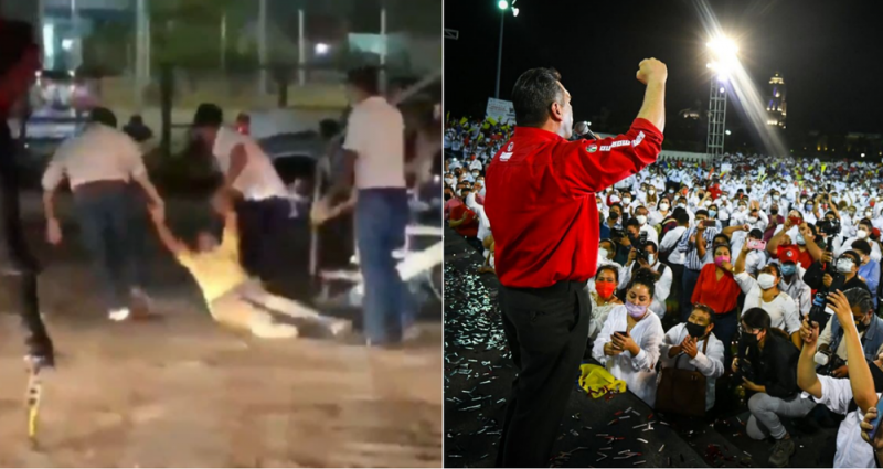 Guaruras de candidato del PRI en Campeche sacan arrastrando y a empujones a persona con discapacidad