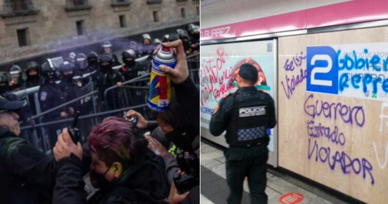 Feministas grafitean el interior de la estación del metro Pino Suárez en la CDMX