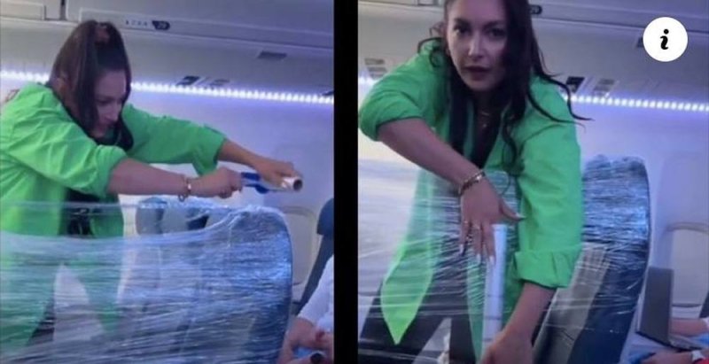 Pasajera de avión se envuelve en plástico para aislarse y terminan bajándolay