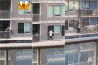 Arriesga la vida caminando por la cornisa de un edificio para salvar a un gato (VIDEO)